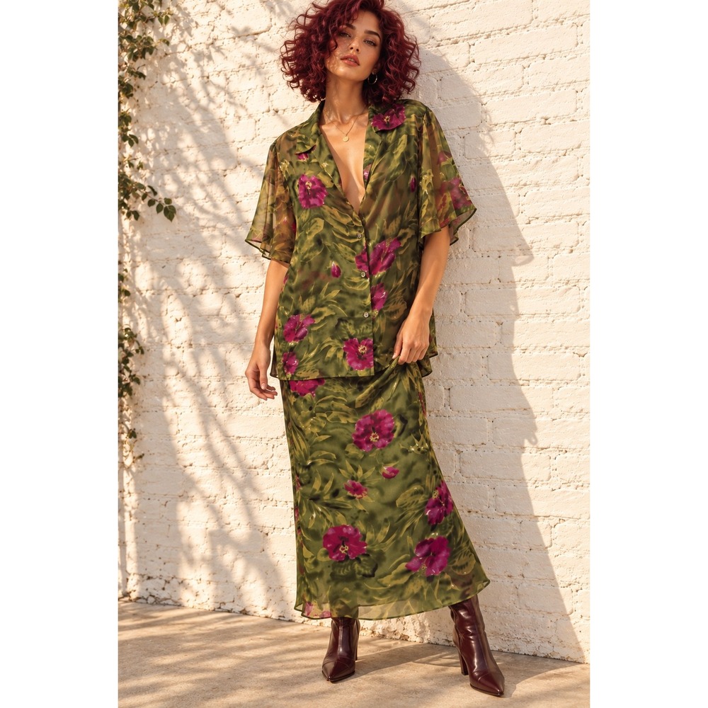 Vintage S.L.B. Green Silk Floral Skirt & Blouse Set Tropical Hibiscus 1X